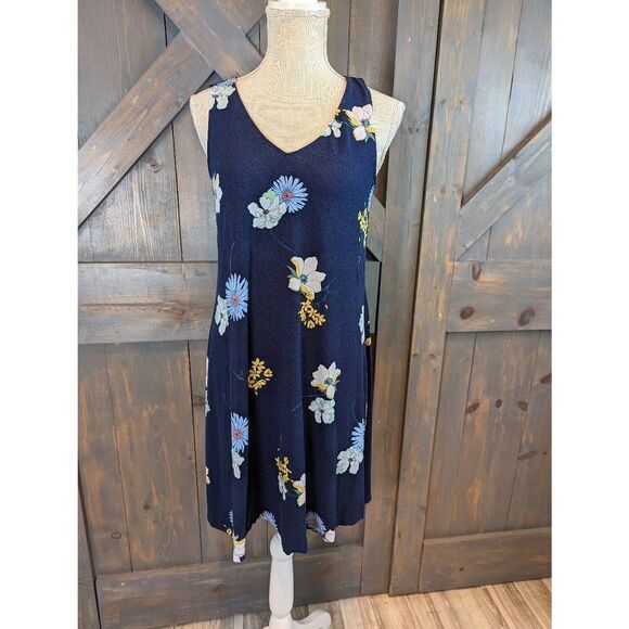 St Johns Bay Womens Size Small Knee Length Dress Blue Floral Stretch Sleeve - Picture 1 of 8